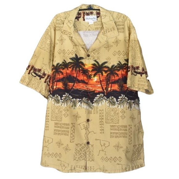 Men's Vintage Bishop Street Hawaiian Sunset Print Yellow Dad Shirt 2XL - Picture 1 of 7